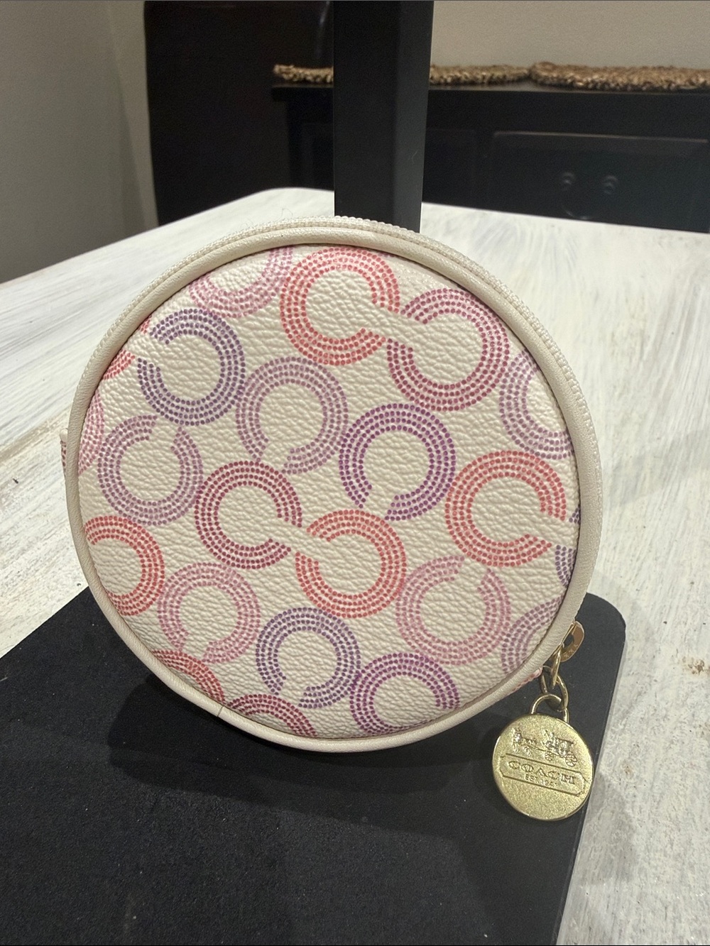 Coach Circular Coin Pouch in Pink, Lavender & Cream Signature Print